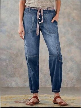 Women's High-Rise Button-Fly Denim Cargo Jogger Jeans - Blue Size Large